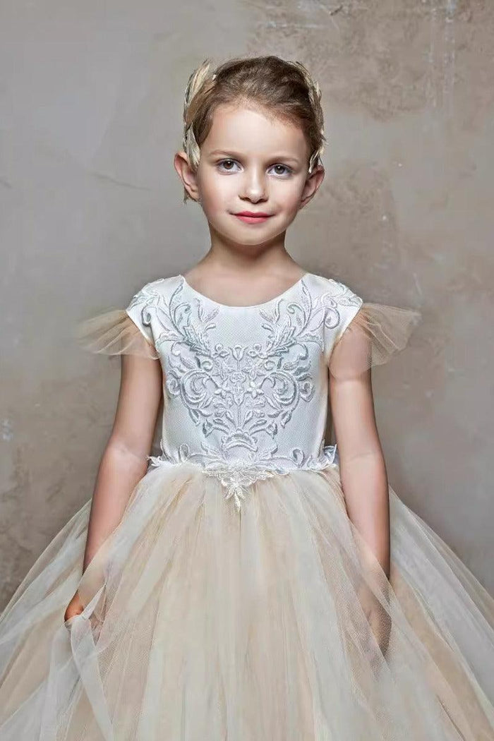 A-Line Illusion Lace Sweep-Brush Train Tulle Flower Girl Dresses 672076219063