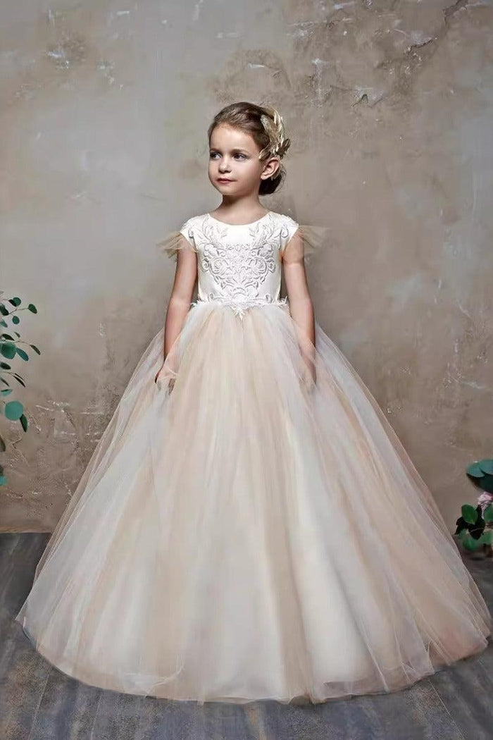 A-Line Illusion Lace Sweep-Brush Train Tulle Flower Girl Dresses 672076219063