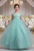 A-Line Illusion Neck Appliques Floor Length Tulle Flower Girl Dresses 1031510840050