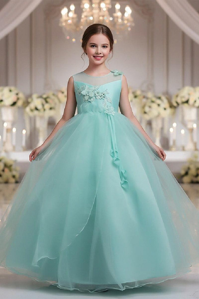 A-Line Illusion Neck Appliques Floor Length Tulle Flower Girl Dresses 1031510840050