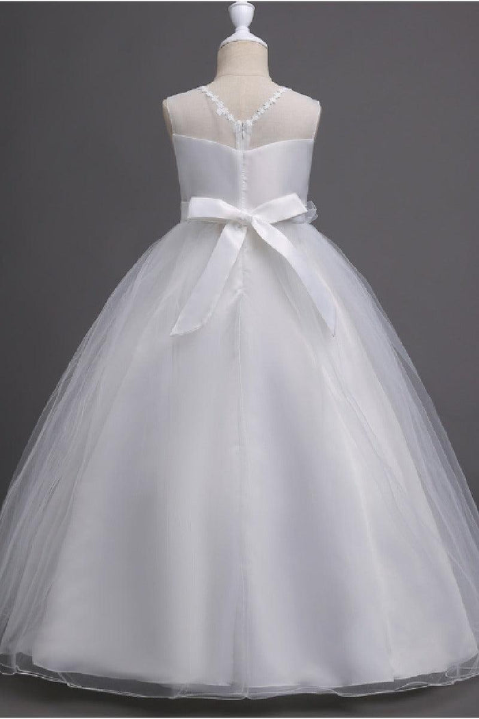 A-Line Illusion Neck Appliques Floor Length Tulle Flower Girl Dresses 1031510840050