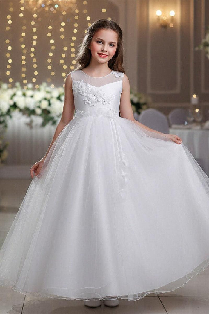 A-Line Illusion Neck Appliques Floor Length Tulle Flower Girl Dresses 1031510840050