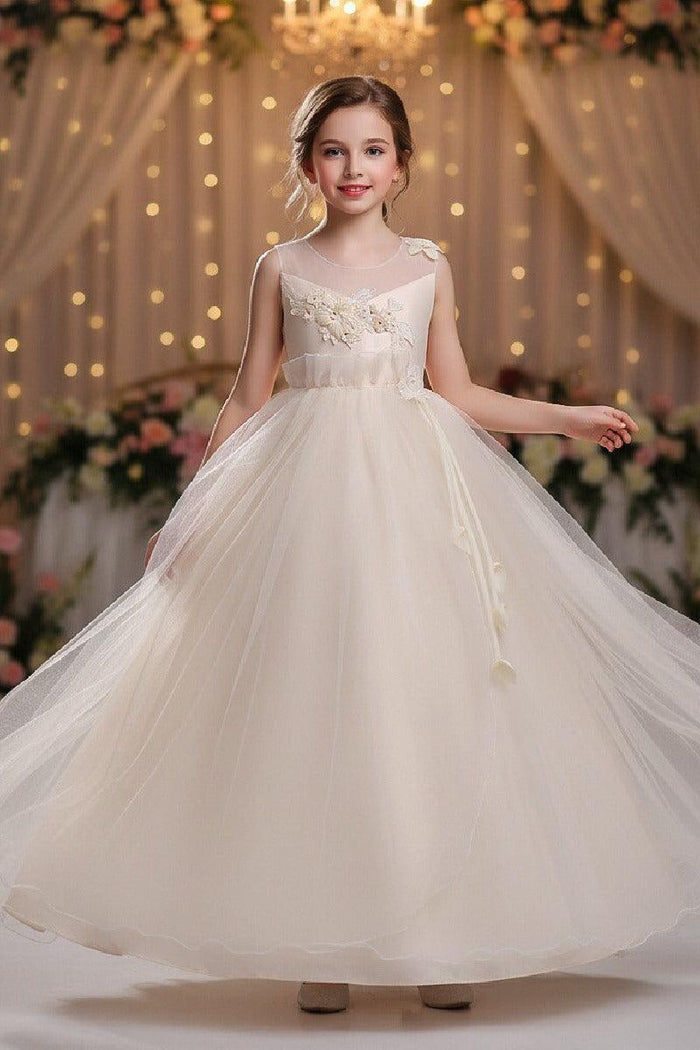 A-Line Illusion Neck Appliques Floor Length Tulle Flower Girl Dresses 1031510840050