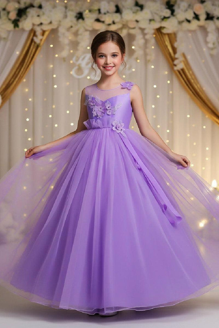 A-Line Illusion Neck Appliques Floor Length Tulle Flower Girl Dresses 1031510840050