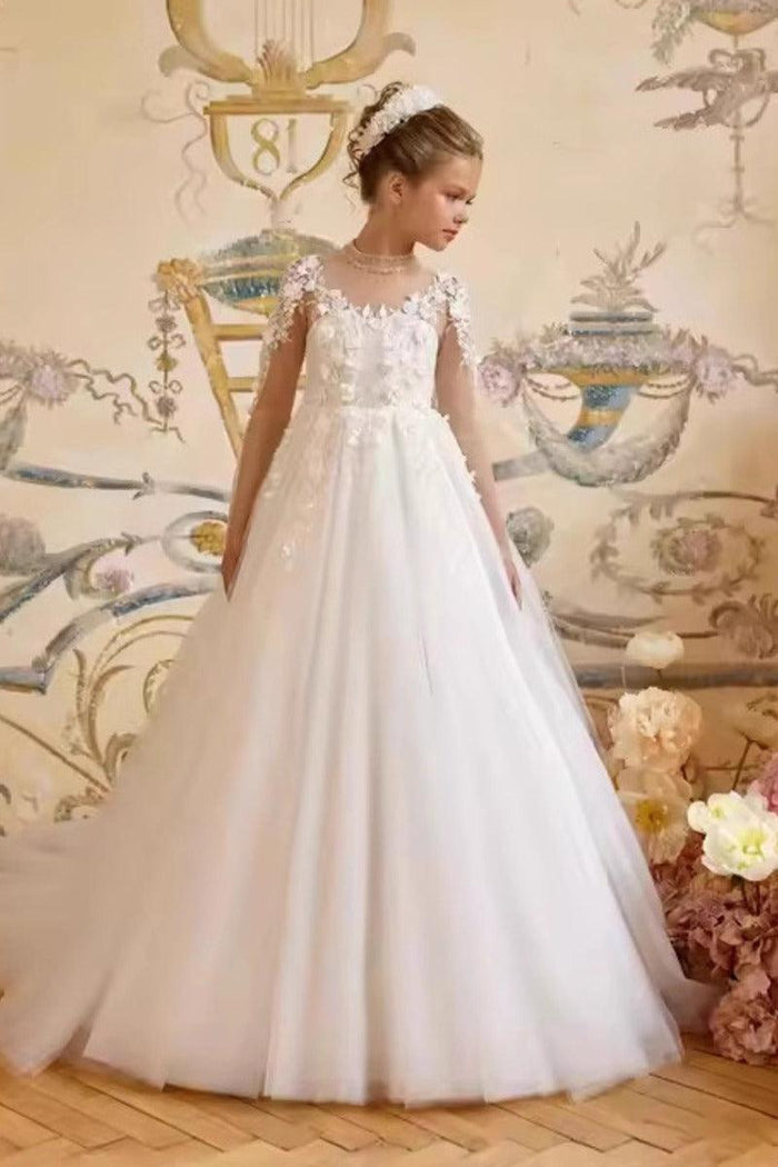 A-Line Illusion Neck Floral Applique Tulle Flower Girl Dresses 972513009627