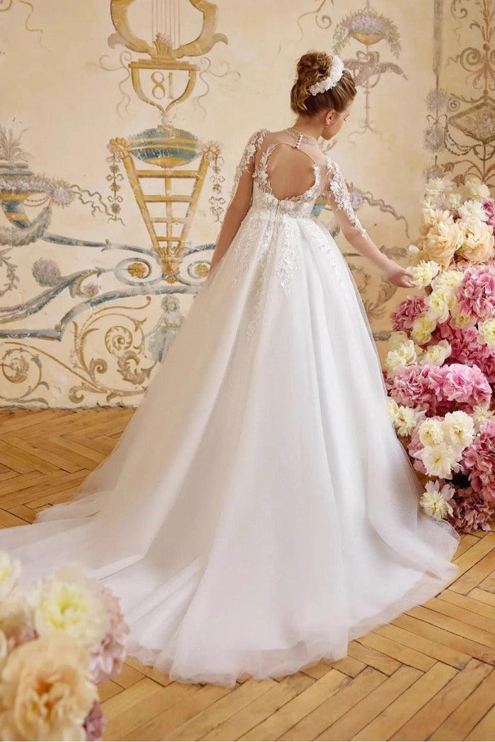 A-Line Illusion Neck Floral Applique Tulle Flower Girl Dresses 972513009627