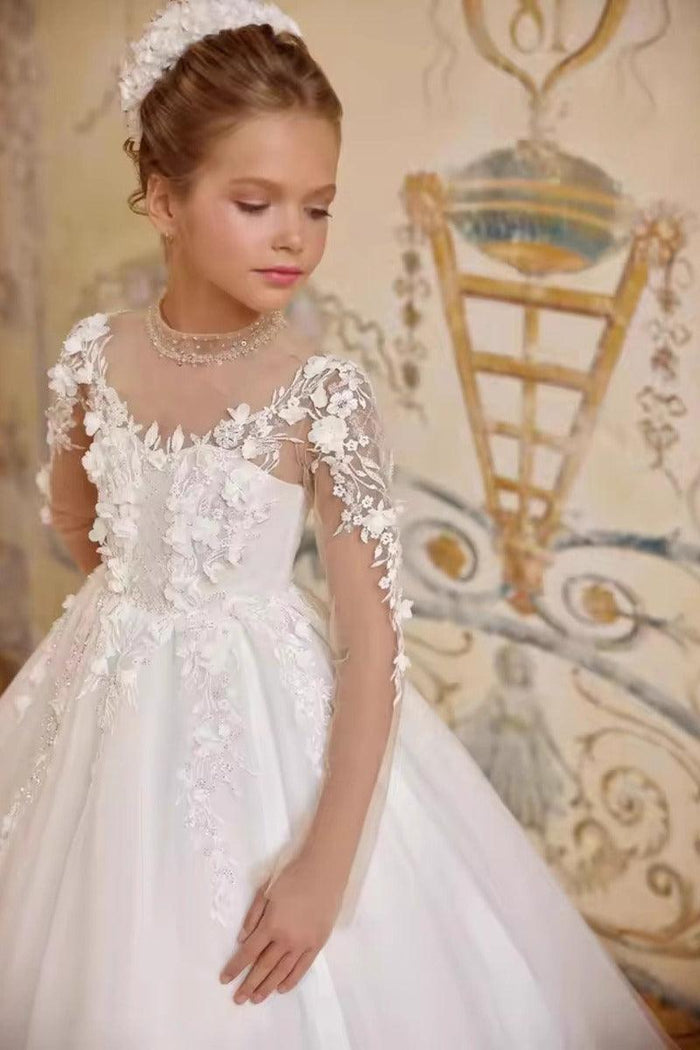A-Line Illusion Neck Floral Applique Tulle Flower Girl Dresses 972513009627