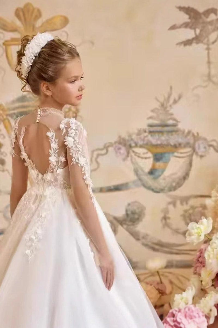 A-Line Illusion Neck Floral Applique Tulle Flower Girl Dresses 972513009627