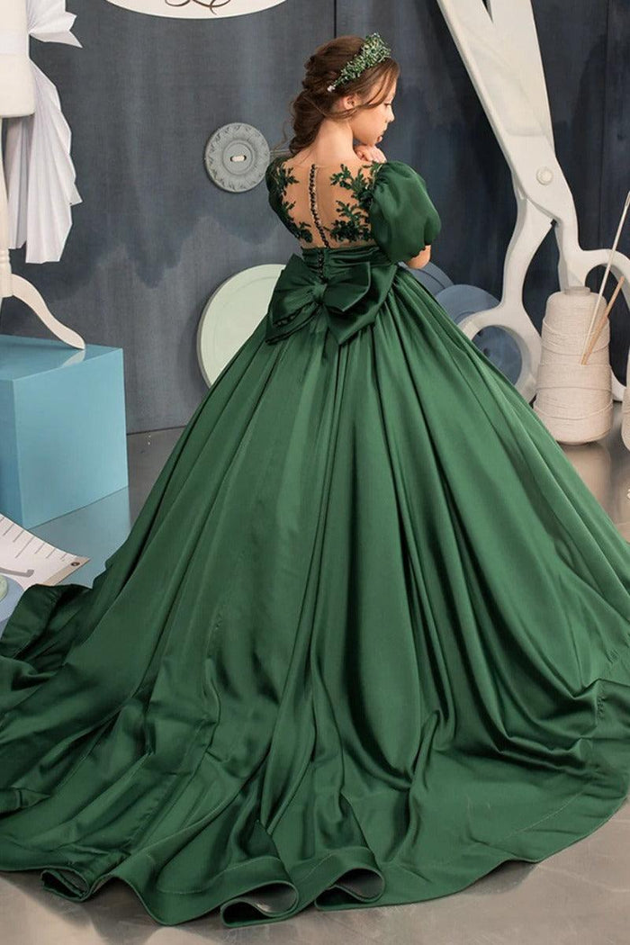 A-Line Illusion Neck Satin Puff Sleeve Flower Girl Dresses 699196034101