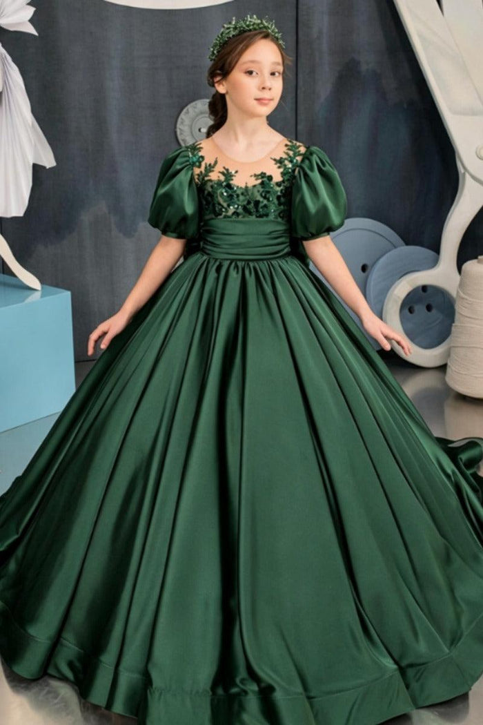A-Line Illusion Neck Satin Puff Sleeve Flower Girl Dresses 699196034101