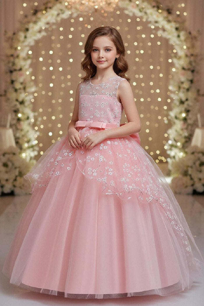A-Line Illusion Neck Sleeveless Floor Length Tulle Flower Girl Dresses 1029774082419