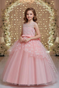 A-Line Illusion Neck Sleeveless Floor Length Tulle Flower Girl Dresses 1029774082419