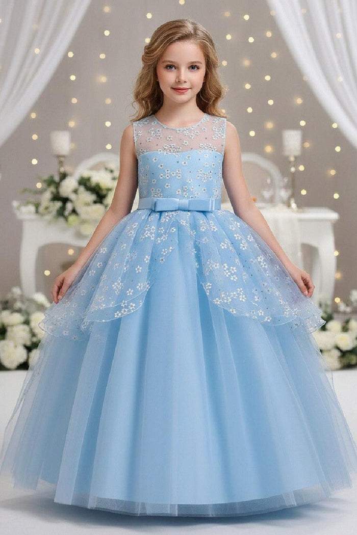 A-Line Illusion Neck Sleeveless Floor Length Tulle Flower Girl Dresses 1029774082419