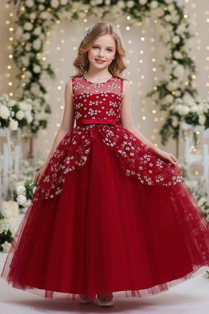 A-Line Illusion Neck Sleeveless Floor Length Tulle Flower Girl Dresses 1029774082419