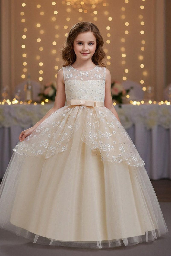 A-Line Illusion Neck Sleeveless Floor Length Tulle Flower Girl Dresses 1029774082419