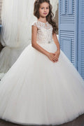 A-Line Illusion Neck Sleeves Tulle Sweep-Brush Train Flower Girl Dresses 654966166039