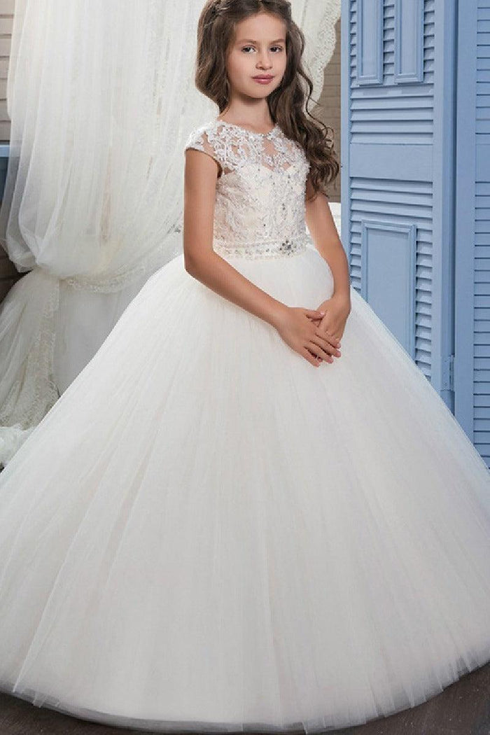 A-Line Illusion Neck Sleeves Tulle Sweep-Brush Train Flower Girl Dresses 654966166039