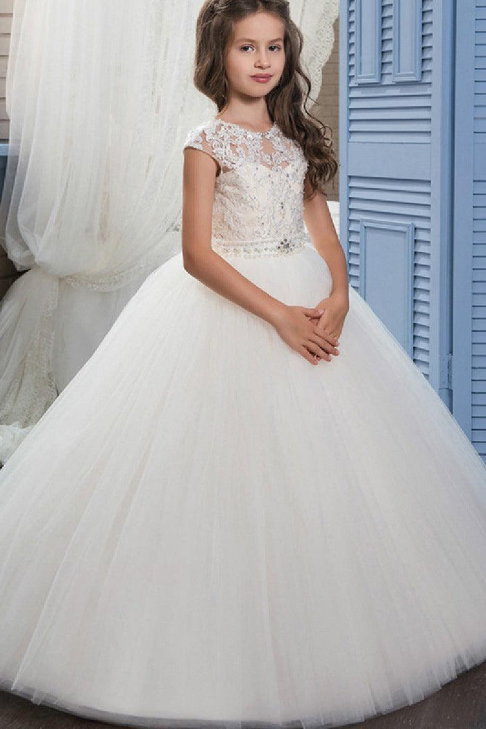A-Line Illusion Neck Sleeves Tulle Sweep-Brush Train Flower Girl Dresses 654966166039