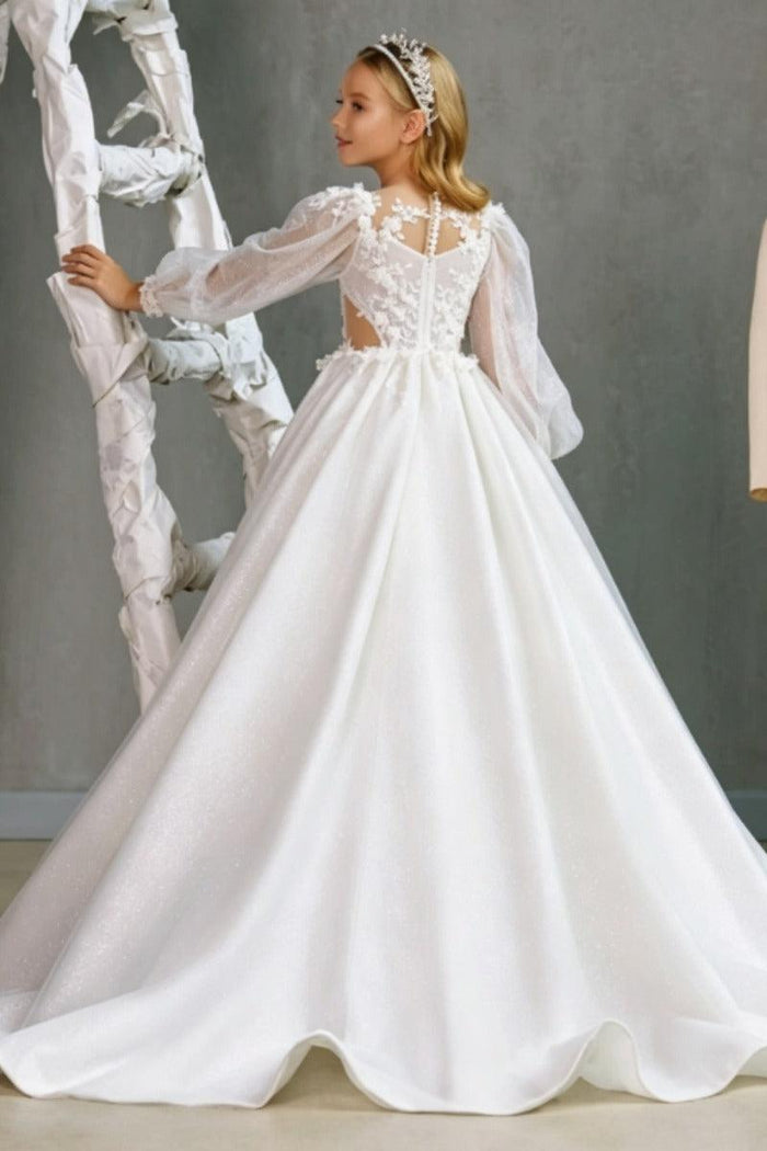 A-Line Illusion Puff Long Sleeve Sweep-Brush Train Flower Girl Dresses 745556463505