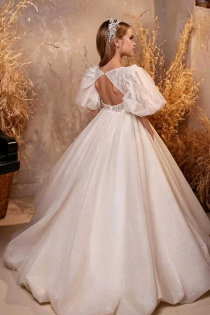 A-Line Illusion Puff Short Sleeve Heart Neck Flower Girl Dresses 750806564252