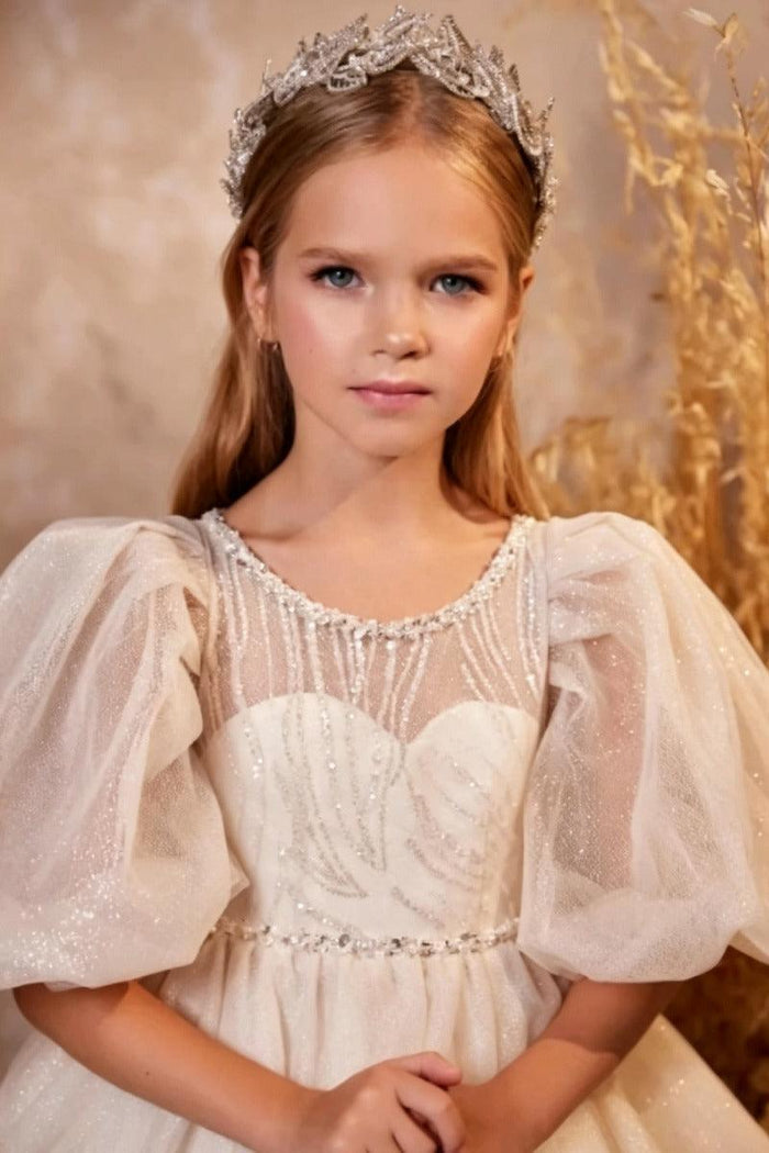 A-Line Illusion Puff Short Sleeve Heart Neck Flower Girl Dresses 750806564252