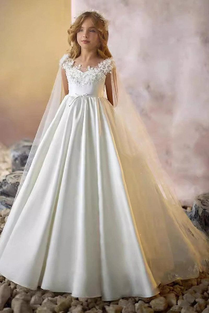A-Line Illusion Sweetheart Neck Cap Sleeve Satin Sweep-Brush Train Flower Girl Dresses 937382238421