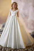 A-Line Illusion Sweetheart Neck Cap Sleeve Satin Sweep-Brush Train Flower Girl Dresses 937382238421