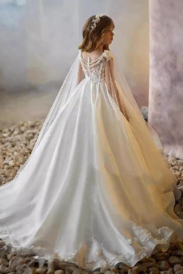 A-Line Illusion Sweetheart Neck Cap Sleeve Satin Sweep-Brush Train Flower Girl Dresses 937382238421
