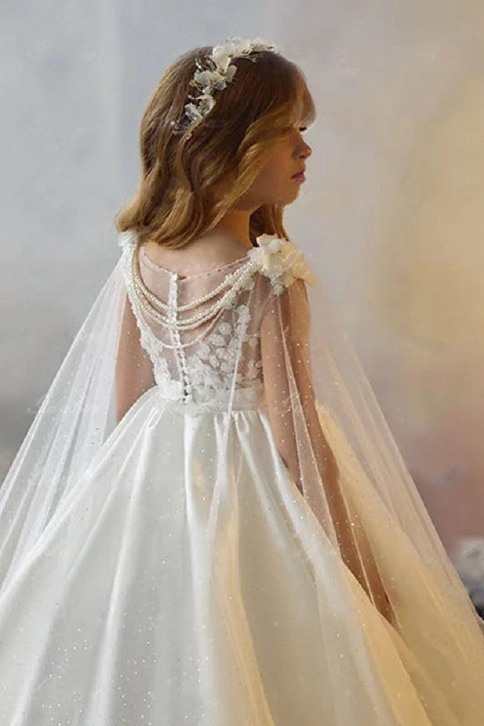 A-Line Illusion Sweetheart Neck Cap Sleeve Satin Sweep-Brush Train Flower Girl Dresses 937382238421