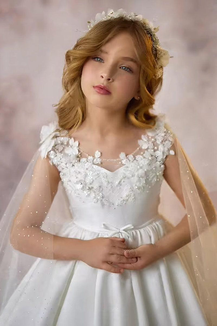 A-Line Illusion Sweetheart Neck Cap Sleeve Satin Sweep-Brush Train Flower Girl Dresses 937382238421