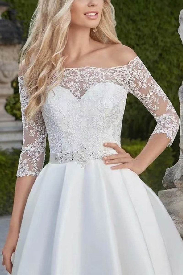 A-Line Knee Length Lace Satin Little White Dress 100055 - COCOMELODY