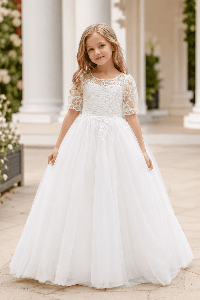 A-Line Lace Sleeve Round Neck Tulle V-Back Flower Girl Dresses 997761158002