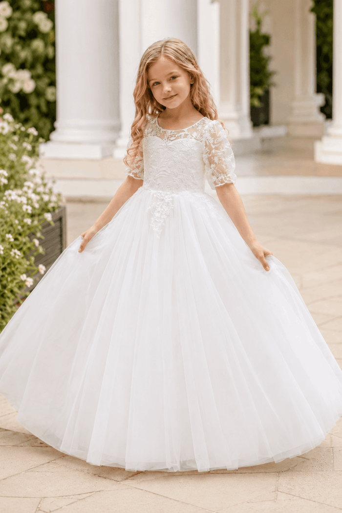 A-Line Lace Sleeve Round Neck Tulle V-Back Flower Girl Dresses 997761158002