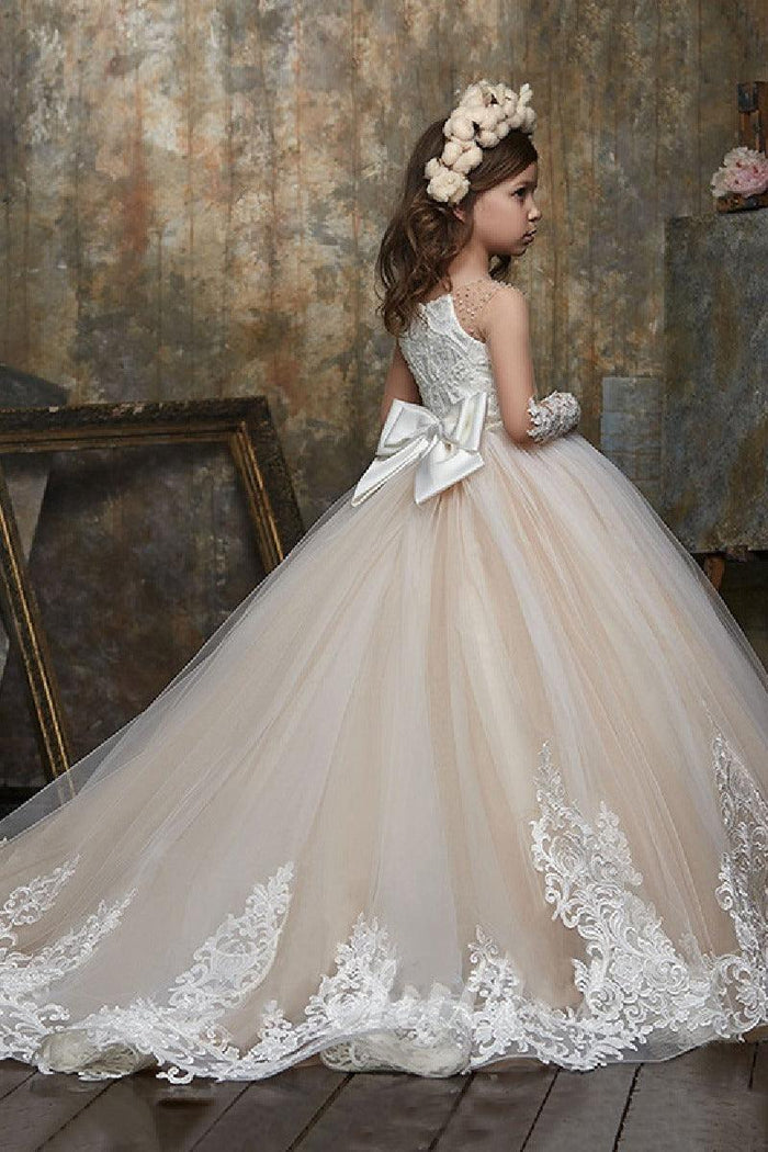 A-Line Long Sleeve Beaded Illusion Sweep-Brush Train Flower Girl Dresses 683689356211