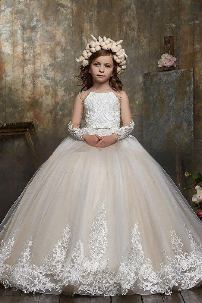 A-Line Long Sleeve Beaded Illusion Sweep-Brush Train Flower Girl Dresses 683689356211