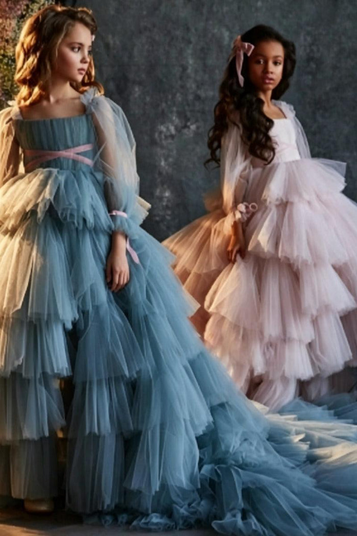 A-Line Long Sleeves Tiered Ruffled Tulle Flower Girl Dresses 688986387192