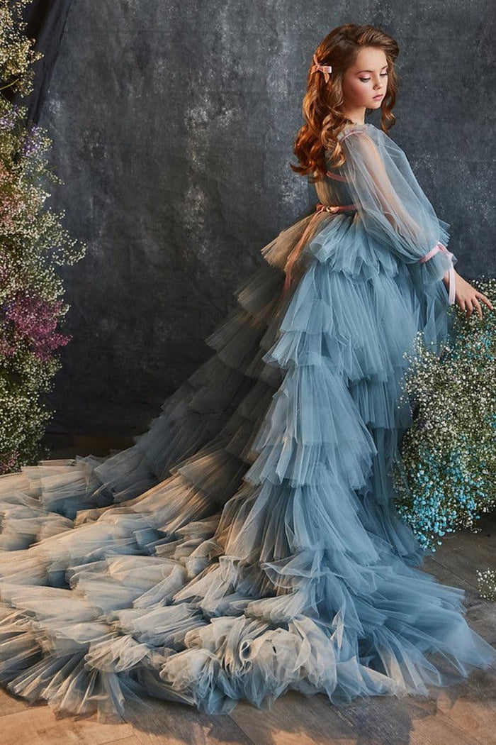 A-Line Long Sleeves Tiered Ruffled Tulle Flower Girl Dresses 688986387192