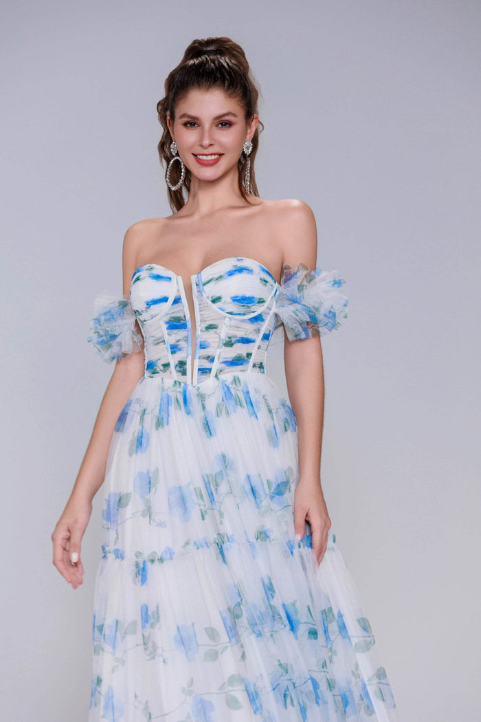 A-Line Maxi Printed Gauze Prom Dress CS0989 - COCOMELODY