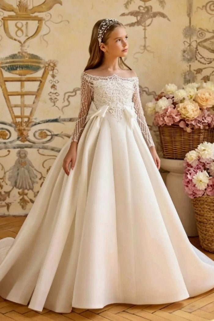 A-Line Off-Shoulder Beaded Satin Flower Girl Dresses 1059107968671