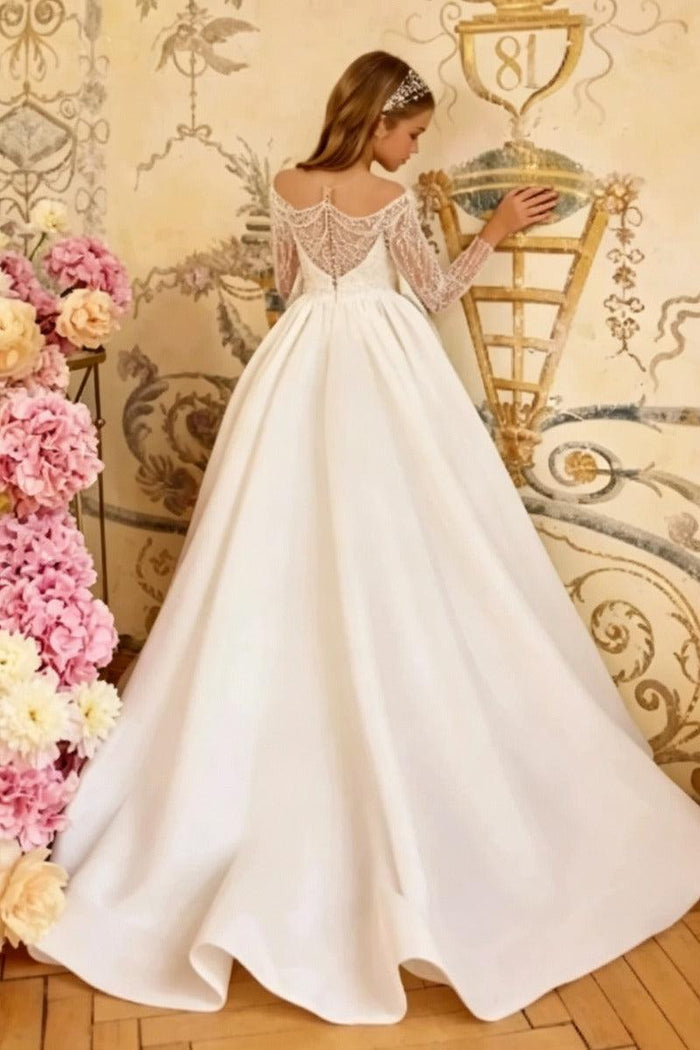 A-Line Off-Shoulder Beaded Satin Flower Girl Dresses 1059107968671