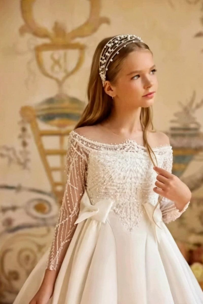 A-Line Off-Shoulder Beaded Satin Flower Girl Dresses 1059107968671