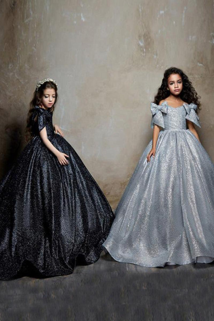 A-Line Off-Shoulder Glitter Satin Bow Shoulder Flower Girl Dresses 692491041797