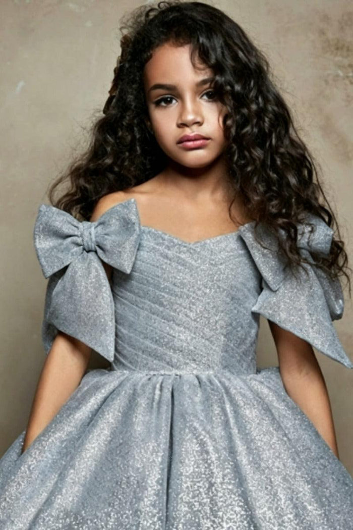 A-Line Off-Shoulder Glitter Satin Bow Shoulder Flower Girl Dresses 692491041797
