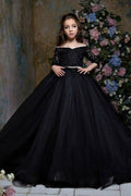 A-Line Off-Shoulder Lace Long Sleeve Tulle Flower Girl Dresses 689012261696
