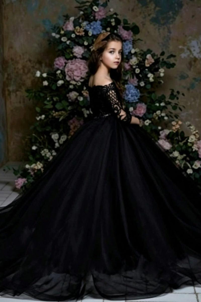 A-Line Off-Shoulder Lace Long Sleeve Tulle Flower Girl Dresses 689012261696