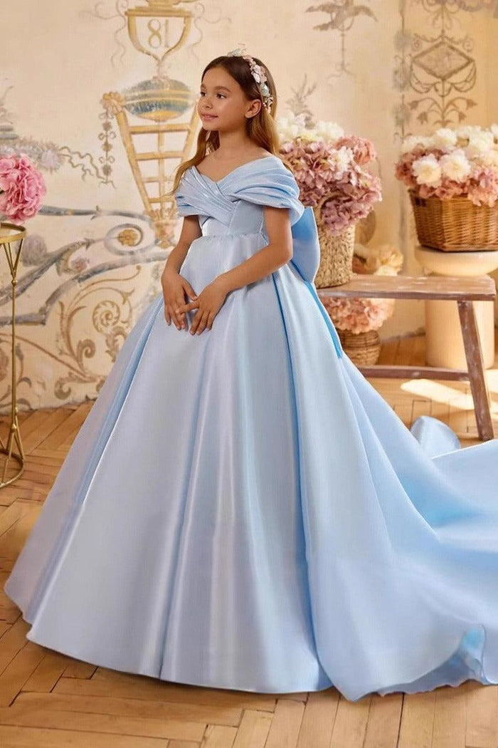 A-Line Off-Shoulder Satin Sweep-Brush Train Flower Girl Dresses 995911629571