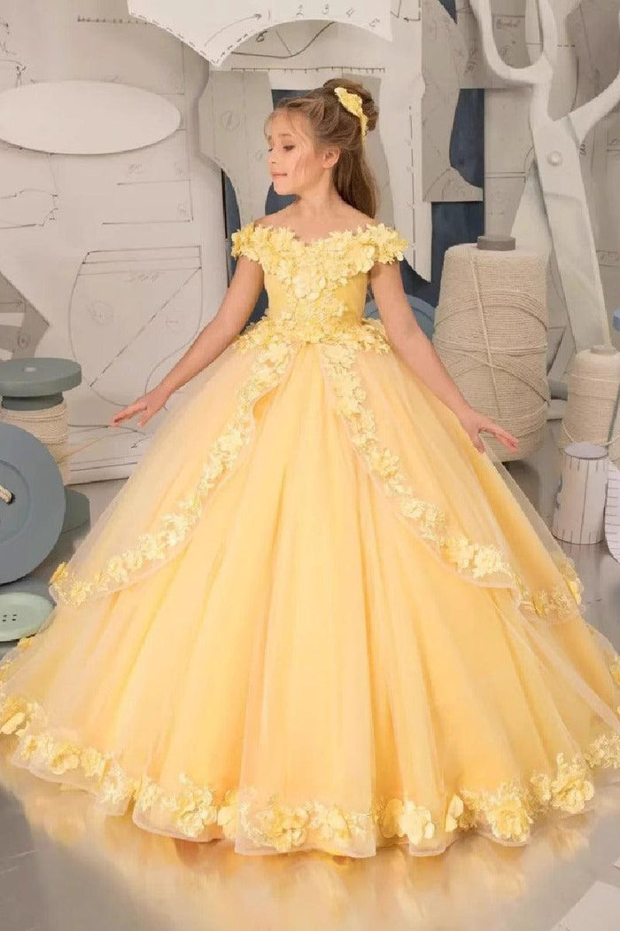 A-Line Off The Shoulder Cap Sleeve Tulle Court Train Flower Girl Dresses 905552294527