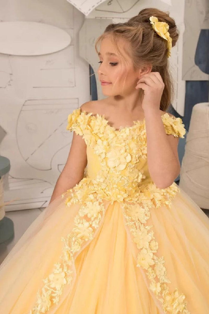 A-Line Off The Shoulder Cap Sleeve Tulle Court Train Flower Girl Dresses 905552294527