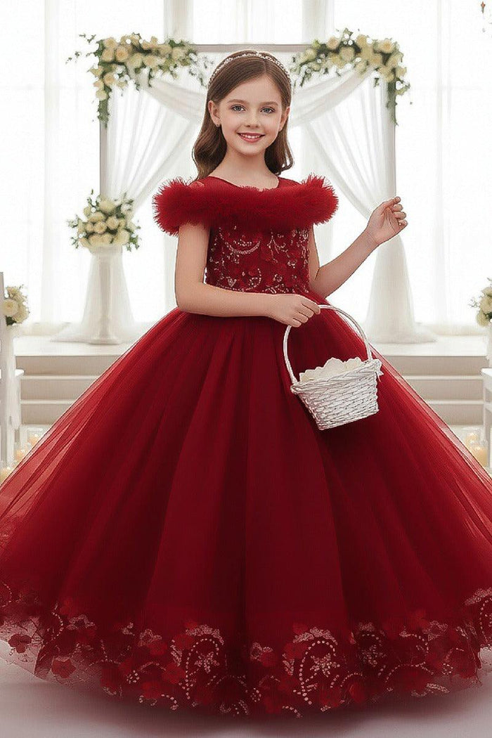 A-Line Off The Shoulder Sleeves Floor Length Tulle Flower Girl Dresses 1050836973299