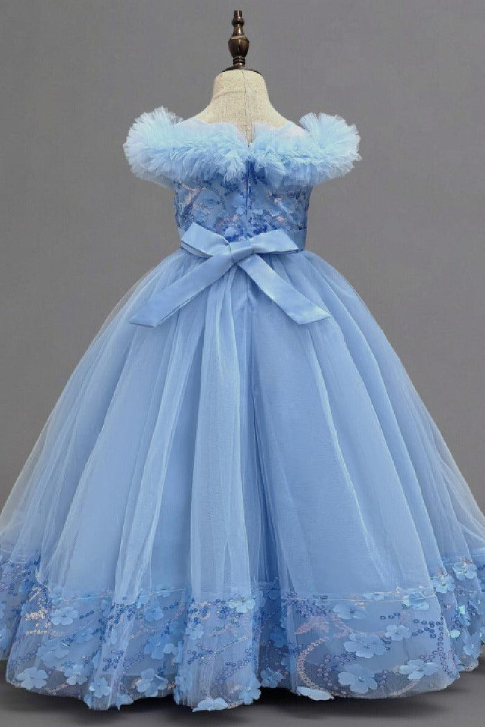 A-Line Off The Shoulder Sleeves Floor Length Tulle Flower Girl Dresses 1050836973299